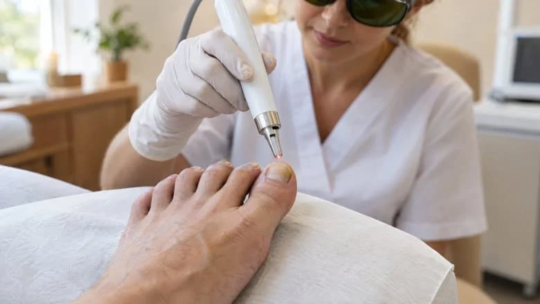 Gloved practitioner holding a laser handpiece over a big toenail during laser fungal nail treatment at a London clinic