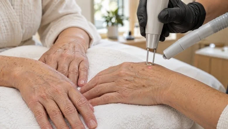 Gloved practitioner holding a laser handpiece over age spots on the back of a hand during laser pigmentation treatment in London