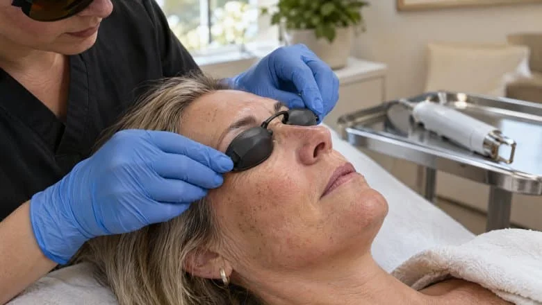 Practitioner placing laser safety eye shields on a woman before erbium laser skin resurfacing in London