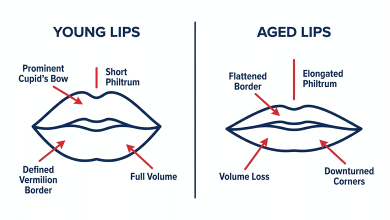 Clinical diagram comparing young lips versus aged lips showing volume loss, philtrum lengthening, vermillion border fading and downturned corners with age — Centre for Surgery London
