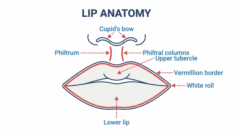Lip anatomy diagram labelling key structures: vermillion border, Cupid's bow, philtrum, philtral columns, upper tubercle, lower lip and white roll — Centre for Surgery London