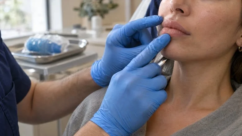 Surgeon in navy scrubs gently assessing a woman's upper and lower lips with gloved fingers before lip fillers in London