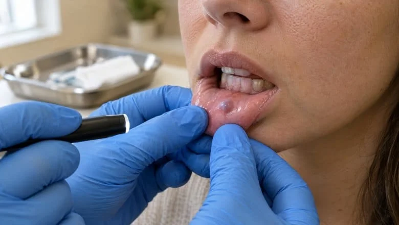 Clinician gently folding down a woman's lower lip to examine a small mucocele before lip lesion removal in London