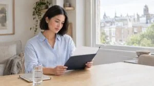 Woman reading her written lip lift quote at a table by the window at home