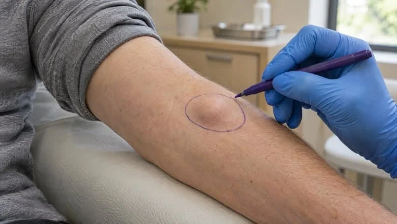 Clinician in gloves marking the outline of a soft lipoma on a patient's forearm before lipoma removal in London