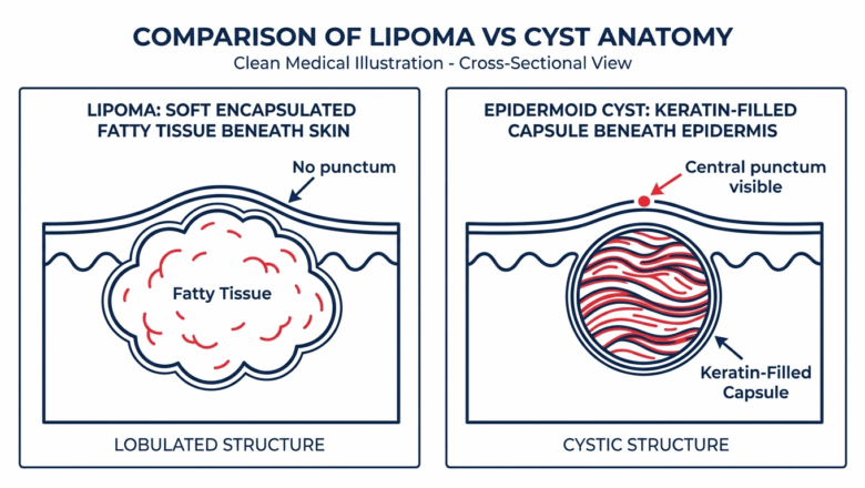 Medical diagram comparing lipoma vs cyst cross-section anatomy showing lipoma fatty tissue and epidermoid cyst keratin capsule with punctum — Centre for Surgery London
