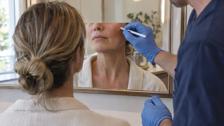 Surgeon marking planning dots on a woman's cheekbone, mouth corner and jawline in a mirror before a liquid facelift in London