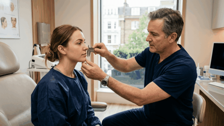 Surgeon assessing patient lip and philtrum proportions during facial surgery consultation at Centre for Surgery London Baker Street clinic