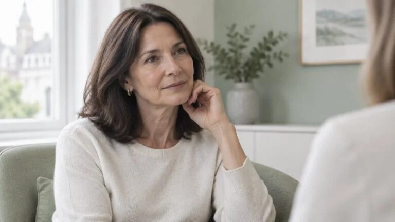 A woman around sixty with softening along her jawline listening during a lower facelift consultation in a London clinic