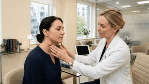 Doctor examining subcutaneous lump on patient neck at Centre for Surgery London Baker Street private clinic