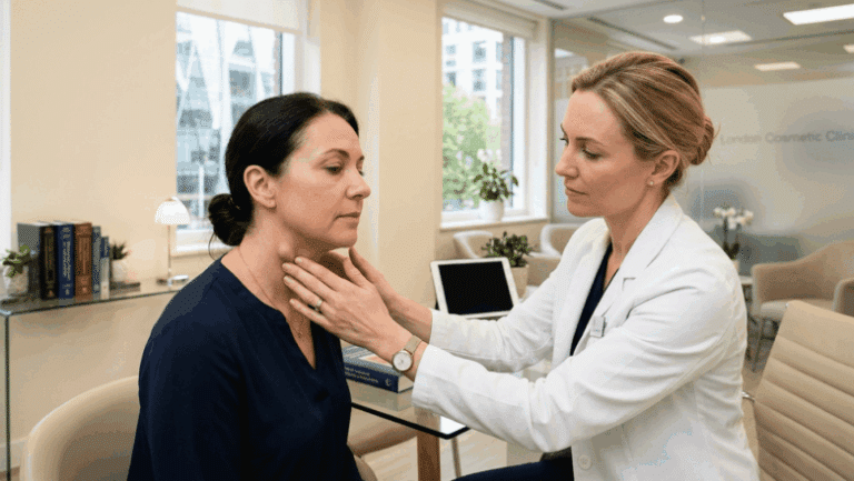 Doctor examining subcutaneous lump on patient neck at Centre for Surgery London Baker Street private clinic