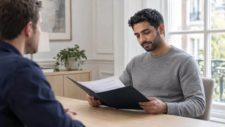 Man reading his written male liposuction treatment plan with a patient coordinator at Centre for Surgery, Baker Street, London