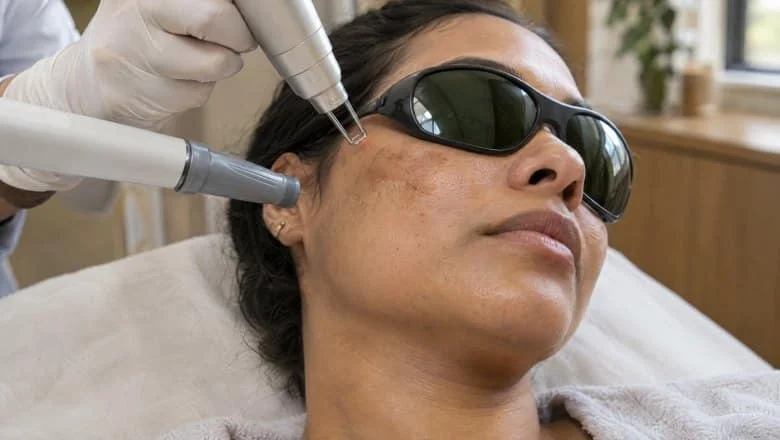 Woman with medium-brown skin and faint melasma on her cheekbone wearing laser safety goggles during melasma treatment in London