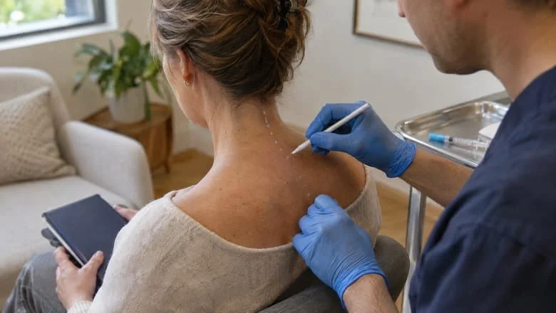 Surgeon marking migraine injection sites on the back of a woman's neck before chronic migraine treatment in London