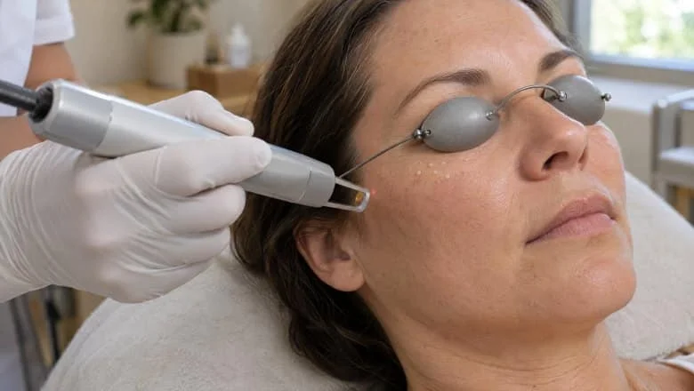 Practitioner preparing laser milia removal on tiny white bumps below the eye, with the patient's eyes shielded, at a London clinic