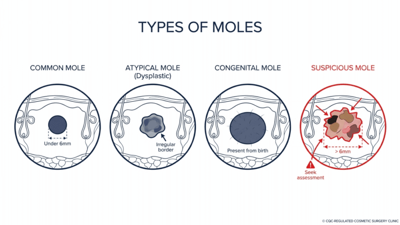 Clinical diagram showing four types of moles: common, atypical (dysplastic), congenital, and suspicious mole with red-flag warning signs for mole removal assessment