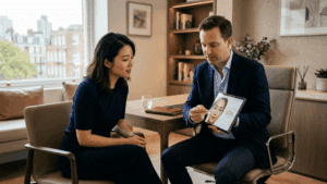 Patient in consultation with facial surgeon discussing monolid double eyelid surgery crease options at Centre for Surgery London Baker Street clinic