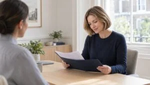 Woman reading her written mons lift treatment plan with a patient coordinator at Centre for Surgery, London