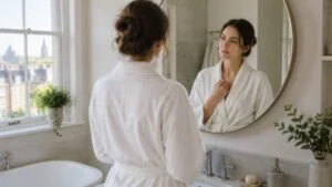 Woman in a white dressing gown looking at her reflection in a bright London bathroom mirror, checking small bumps on her areola