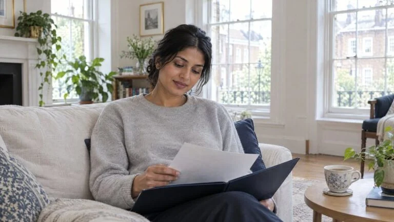 Woman at home reading her written Morpheus8 treatment plan from Centre for Surgery, London