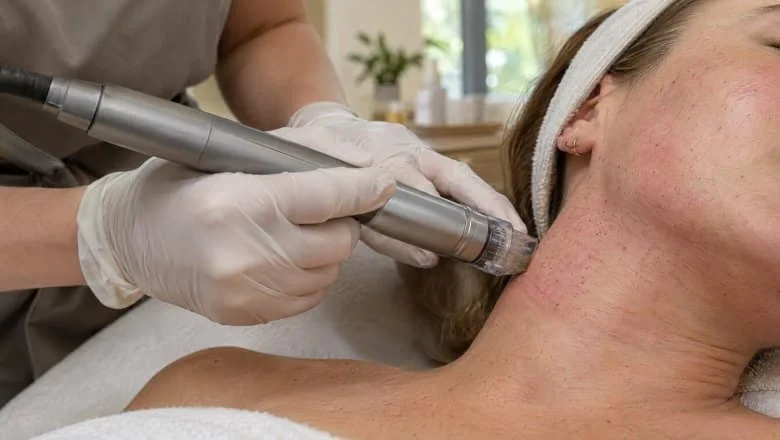 Practitioner's gloved hands applying a Morpheus8 RF microneedling handpiece to a woman's jawline at a London clinic