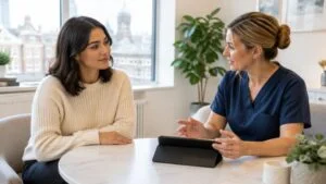 Trans woman discussing her breast development on hormone therapy with a plastic surgeon during a consultation in London