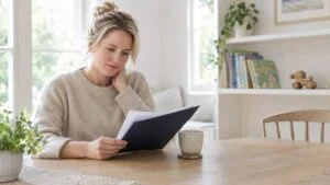 Mother reading her written mummy makeover quote at the kitchen table at home
