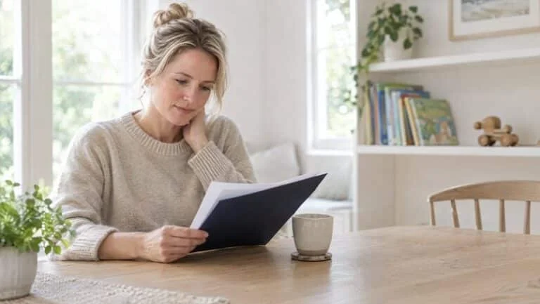 Mother reading her written mummy makeover quote at the kitchen table at home