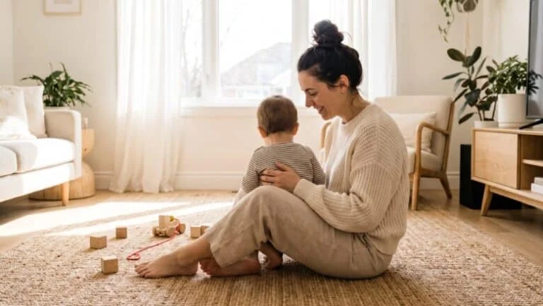 Mother sitting on the living room rug holding her toddler — vaginal changes after childbirth