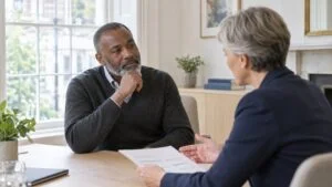 Man listening as a consultant surgeon explains his neck lift treatment plan at Centre for Surgery, London