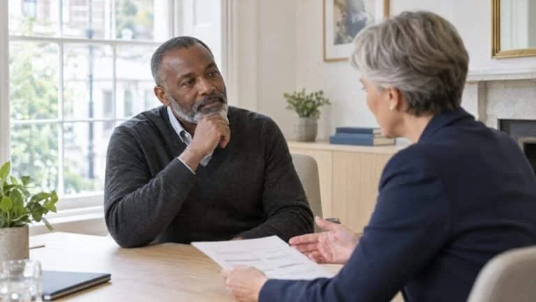 Man listening as a consultant surgeon explains his neck lift treatment plan at Centre for Surgery, London