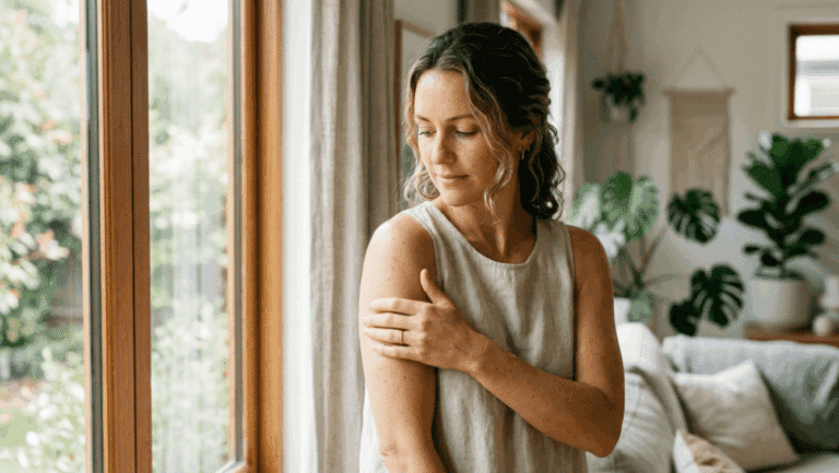 Woman in her thirties calmly checking a new mole on her skin at home in natural light