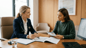 Patient in consultation with doctor discussing FTM top surgery pathway options at Centre for Surgery London Baker Street clinic