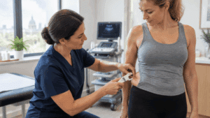 Consultant performing a skinfold pinch test on a patient's flank during a body contouring assessment at Centre for Surgery, Baker Street, London, with an ultrasound machine in the background