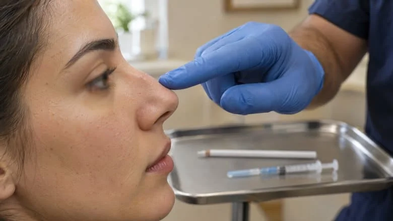 Surgeon in navy scrubs tracing the bridge of a woman's nose in profile before non-surgical rhinoplasty in London