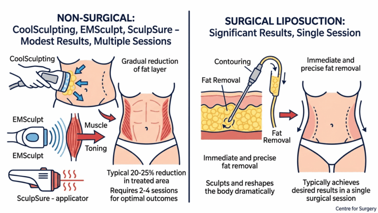 Comparison diagram showing non-surgical fat reduction versus surgical liposuction results at Centre for Surgery London