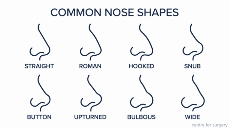Chart of eight common nose shapes in profile — straight, Roman, hooked, snub, button, upturned, bulbous and wide, Centre for Surgery London
