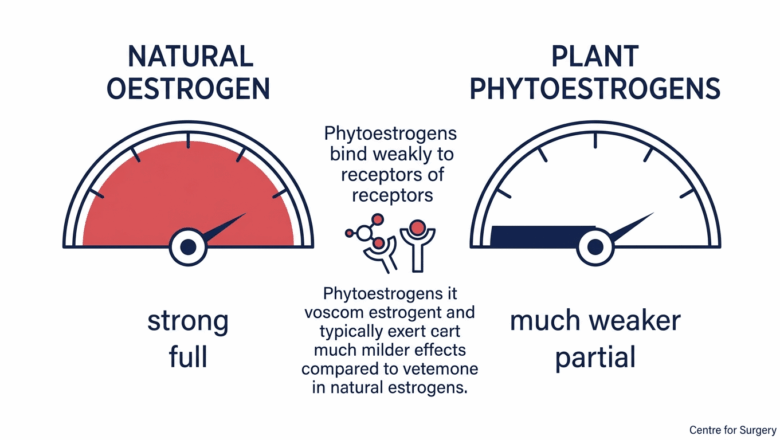 Diagram comparing natural oestrogen to plant-based phytoestrogens at Centre for Surgery London, showing phytoestrogens bind much more weakly to hormone receptors