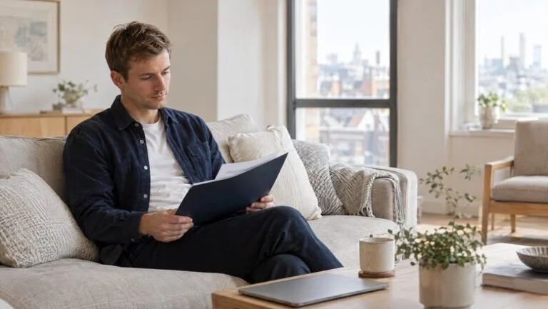 Man on a sofa at home reading his written otoplasty quote