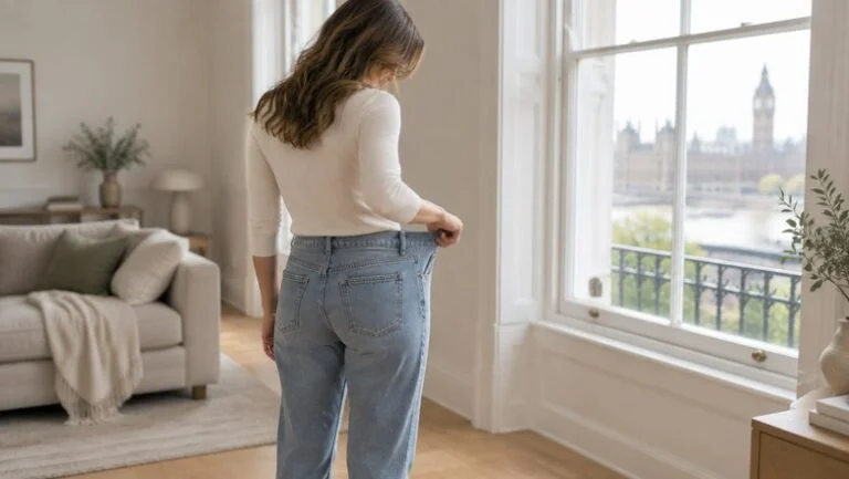 Woman in loose jeans holding the waistband away from her waist after weight loss, seen from behind in a bright London flat — Ozempic butt