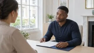 Man going through his pectoral implants treatment plan with a patient coordinator at Centre for Surgery, London