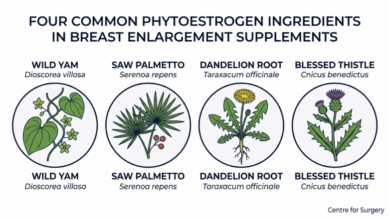 Infographic showing four common phytoestrogen ingredients found in breast enlargement supplements at Centre for Surgery London — wild yam, saw palmetto, dandelion root, blessed thistle