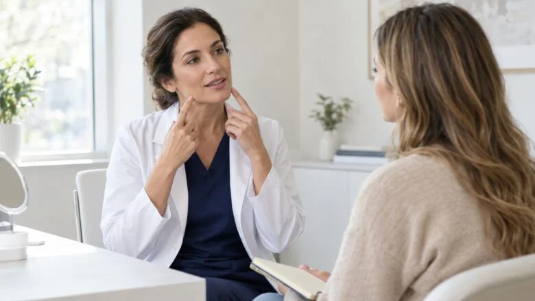 A surgeon talking with a patient about her jawline during a cosmetic surgery consultation