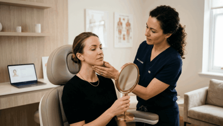 Surgeon consulting with patient about neck and platysmal band concerns at Centre for Surgery London Baker Street clinic