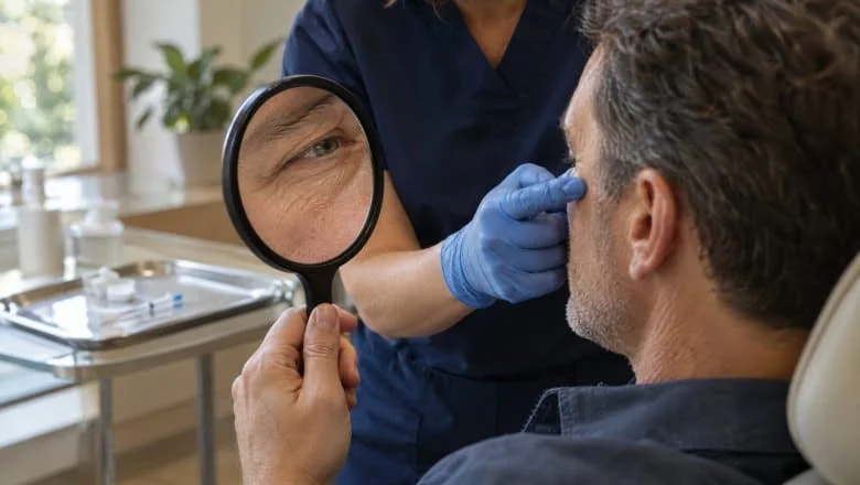 Surgeon in navy scrubs showing a man the fine lines under his eye in a hand mirror before polynucleotide treatment in London
