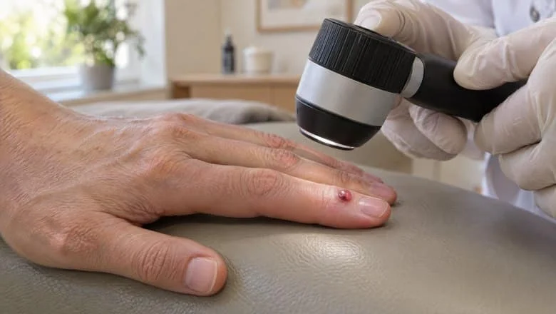 Clinician examining a small red pyogenic granuloma beside a fingernail with a dermatoscope before pyogenic granuloma removal in London