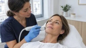 Aesthetic nurse holding a radiofrequency skin tightening handpiece against a woman's lower cheek in a London clinic treatment room