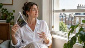 Woman in a loose white linen shirt cooling down by an open window on a hot summer day, when sweat rash under the breast is most common