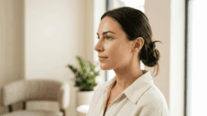 Refined side profile portrait of a woman with a balanced nose representing retrousse upturned nose rhinoplasty at Centre for Surgery London