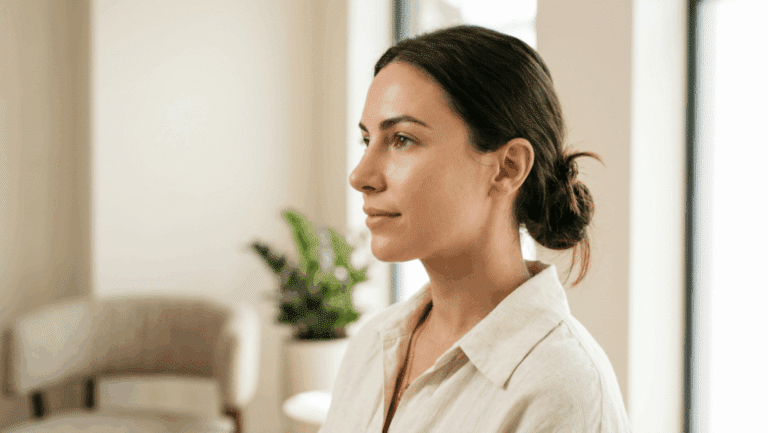 Refined side profile portrait of a woman with a balanced nose representing retrousse upturned nose rhinoplasty at Centre for Surgery London